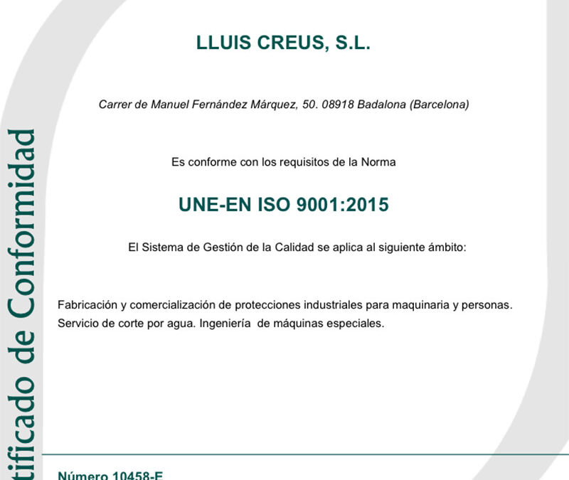 Renovació Certificat de Conformitat ISO 9001:2015